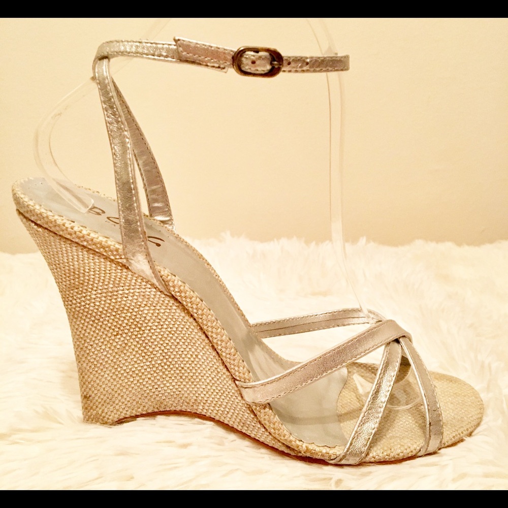 BCBG Silver Ankle Strap Wedges Size 8.5 B